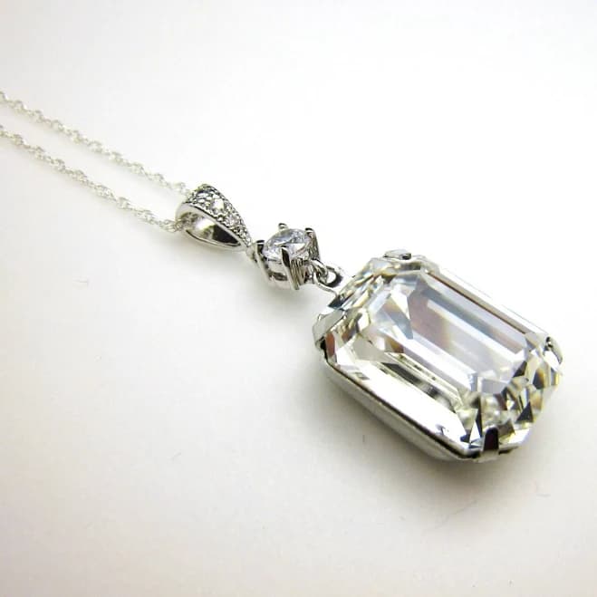 Sterling Silver Rectangle Crystal Rhinestone Necklace