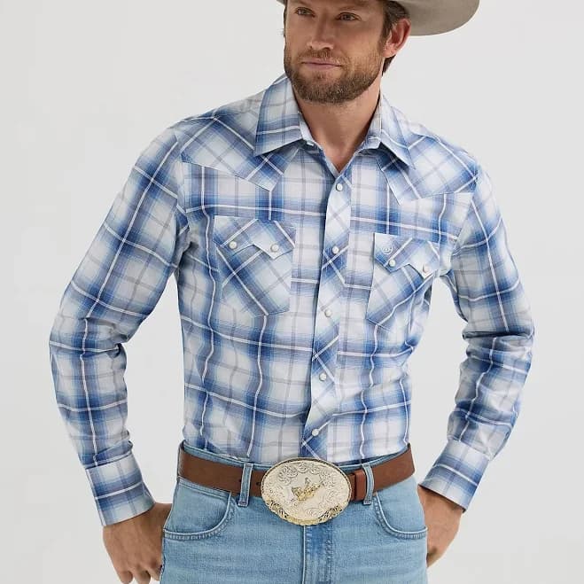 Men's White & Blue Plaid Wrinkle Resist Shirt