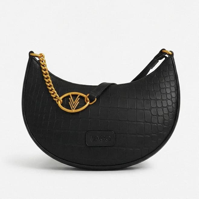 VAGOSHOPS Half Moon Embossed Vegan Purse with Gold Chain and Logo