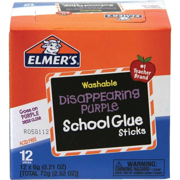 Elmer's Washable Disappearing Purple School Glue Sticks, 0.21 Oz, Pack Of 12