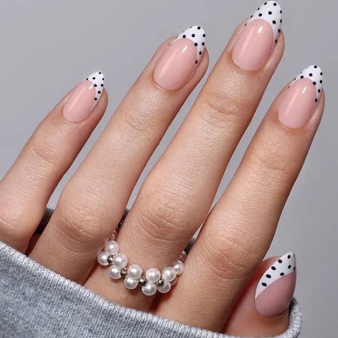 SHANGMENG White French Tip Polka Dots Short Almond Press On Nails | Cute French Gel Nails