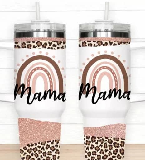 Mama Cheetah Print With Pink Glitter 40oz Quencher Tumbler W/ Lid &