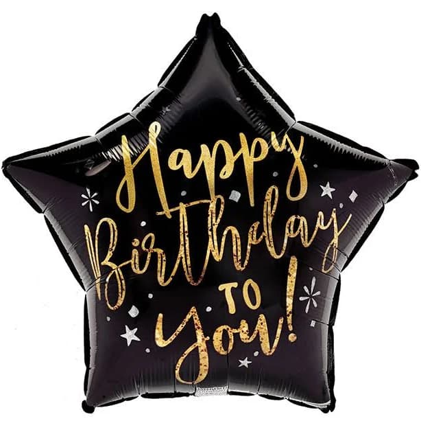 Happy Birthday to You Black and Gold Star Mylar Balloon