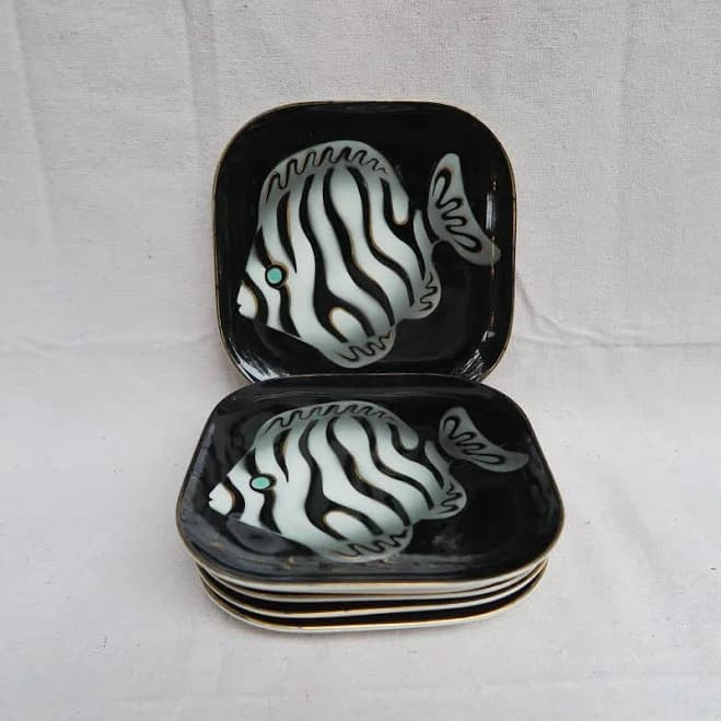 Vintage Kokura Ware Porcelain Sushi Plate Set / Gold Accents, MCM, Japan / Striped Fish, Beakfish / Made In Japan / Set of 6
