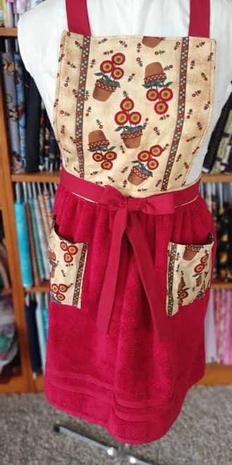 Handmade Debbie Mumm Flower Pot Print Bib Apron with Dark Red Terrycloth Skirt and Pockets Free Coordinating Potholder