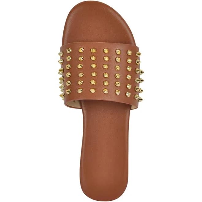 Studded Flats Sandals for Women Open Toe Backless Slide Sandals Adjustable Double Strap Shoes with Hidden Button Slip On Comfortable Casual Summer