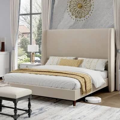 AMERLIFE Upholstered Platform Bed Wingback Headboard Horizontal Corduroy