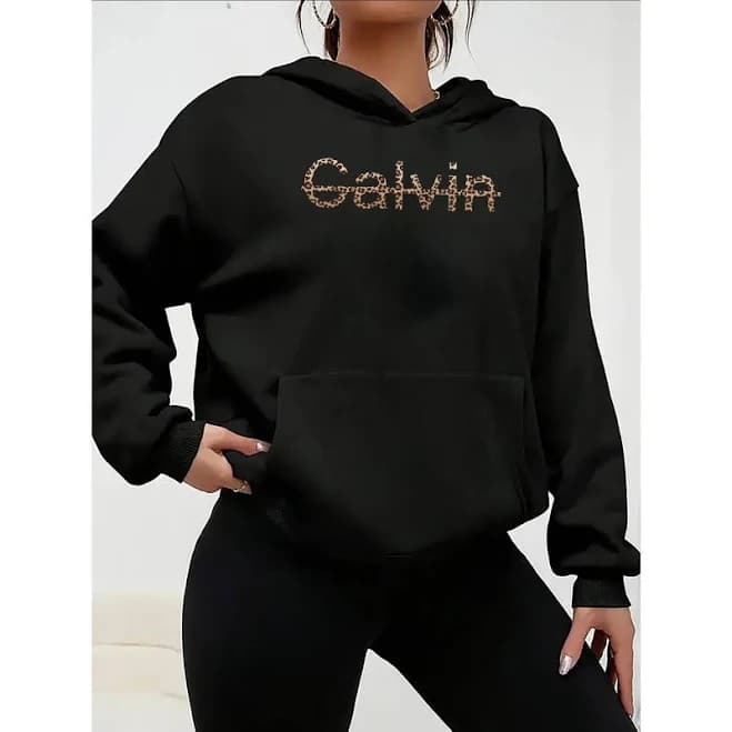 Women's Black Hoodie with Sparkling Text - Casual Oversized Sweatshirt for Comfort and Style