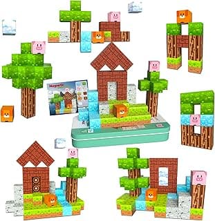 Magnetic Blocks Minecraft-Style Magnetic Building Blocks Cubes - 35PCS Tin Box Magnet Toys Travel Set STEM Educational for Kids Ages 4-8 6-8 8-12 Year Old Boys Girls Birthday Christmas