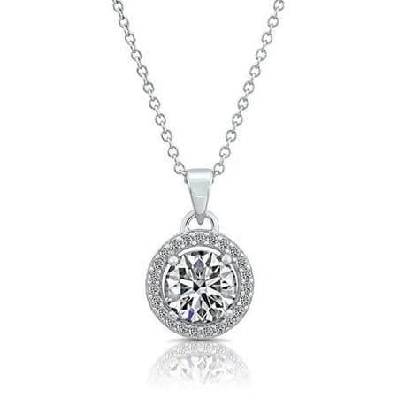 Sterling Silver CZ Round Solitaire Halo Charm Necklace, 18 inch