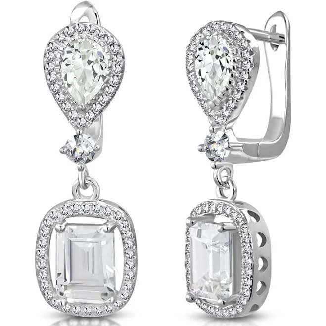 1.2" Rectangular Teardrop White CZ Drop Earrings in 925 Sterling Silver