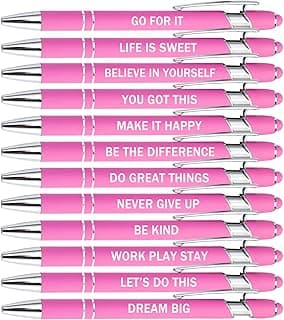 PASISIBICK 12 Pieces Pink Inspirational Motivational Quotes Snarky Screen Touch Stylus Ballpoint Pens, Office Encouraging Scriptures, Black Ink (Pink,Motivational)