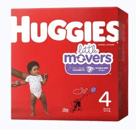 Kimberly Clark Huggies Little Movers Diapers, Disposable, 22 to 37 lbs, Unisex, Kid Design (Disney), Cloth-like Backing, Moderate Absorbency, Size 4,