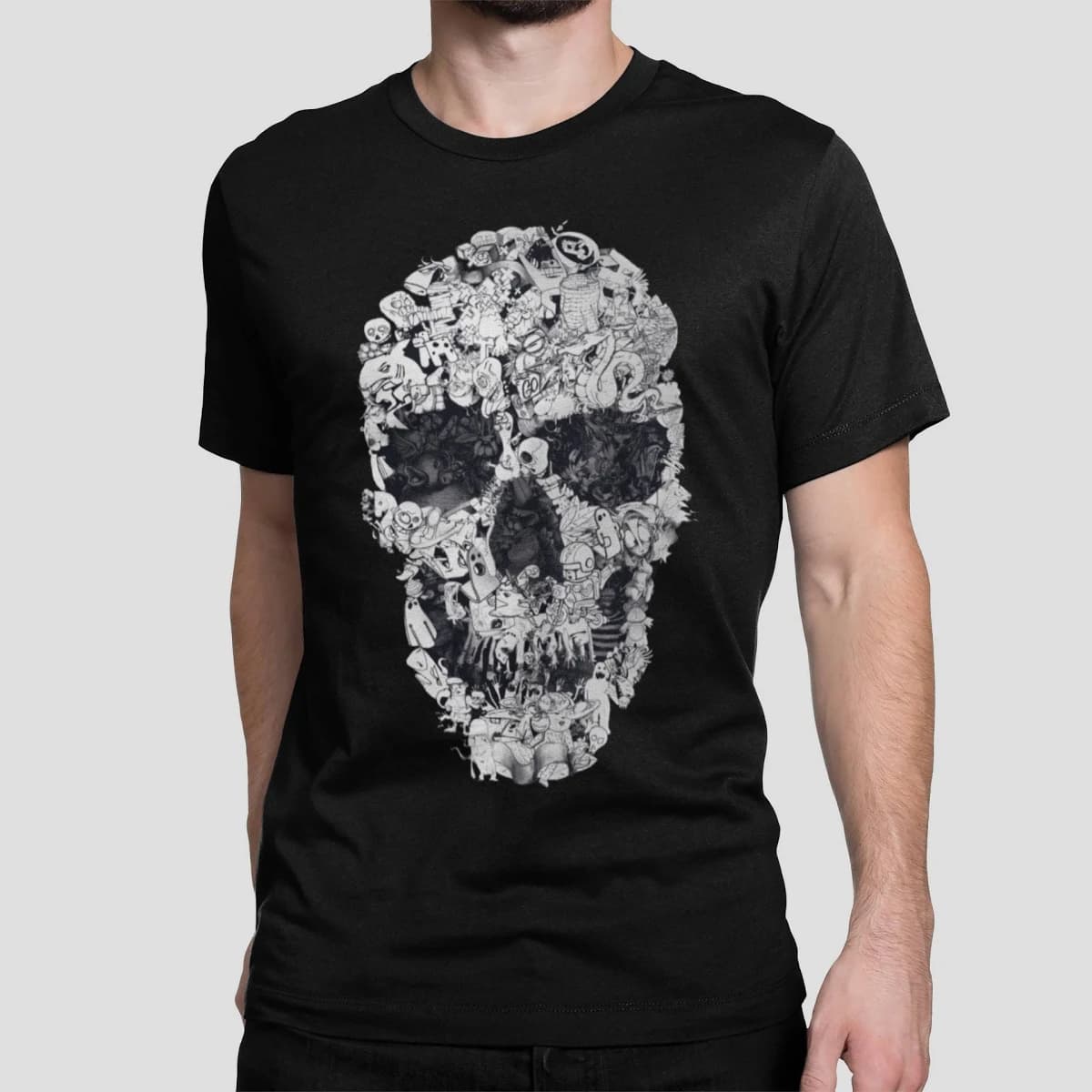 Doodle Skull T-Shirt by Ali Gulec Black And White T-Shirt