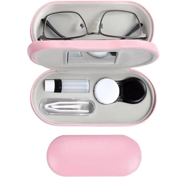 MUDOR 2 in 1 Contact Lens and Glasses Case, Travel Kit Includes Remover Tool with Tweezers,Dual Use Design (Pink)