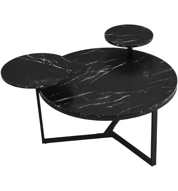 Modern Coffee Table with Two Shelf Spaces, Tops, Tripod Base, Rounded Edges, Black Matte