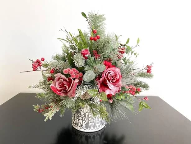 Red Rose & Pine Christmas Centerpiece with White Dove