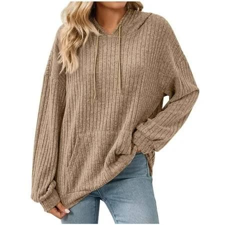 Women's Oversized Ribbed Sweatshirt with Drawstring