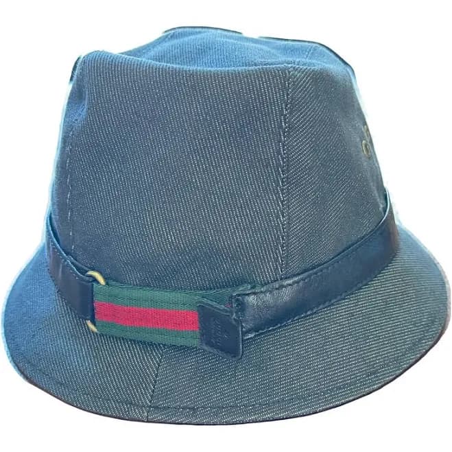 GUCCI Denim Hat M International Dark Grey Leather Trim
