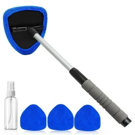 Car Windshield Cleaner Tool with Extendable Handle & 4 Reusable Microfiber Pads Interior Window Cleaning Kit, Telescopic Demister Brush for Cars,