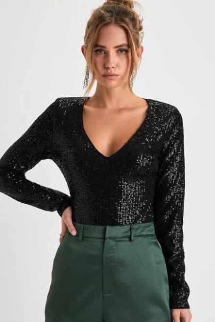 Lulus Women's Sequin V-Neck Long Sleeve Bodysuit