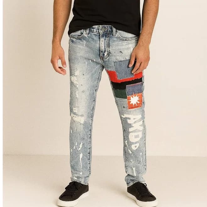 Akoo Men's Distressed Patchwork Paint Splatter Jeans