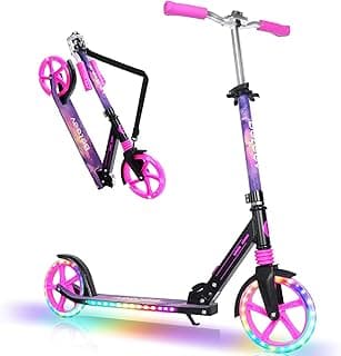 V5 Plus Scooters for Kids Ages 6+, Teens with Light-Up Wheels & Deck, 2 Wheel Folding Lightweight Sport Scooter with 4 Adjustable Height, 8-inch Big Wheels, Carry Strap, Max Load 220 lbs
