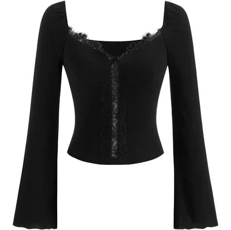 Knit Fabric Sweetheart Neck Lace Long Sleeve Top