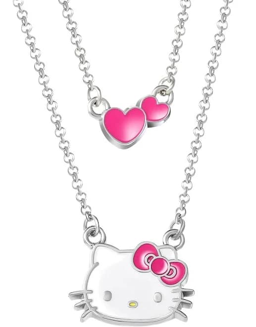 Hello Kitty Silver-Tone Enamel Hearts Double Necklace