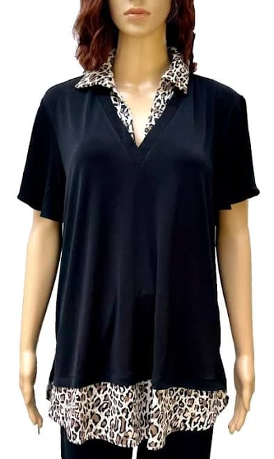 Adrianna Papell Black Knit V-neck Leopard Print Trim Tops 1x-2x Msrp: