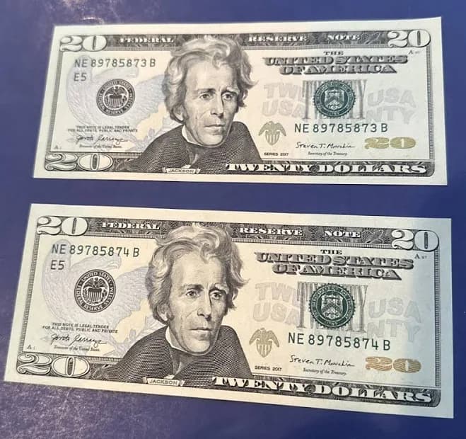 Twenty Dollar Bills, SERIES 2017 A $20 Sequential Notes LOT of 2