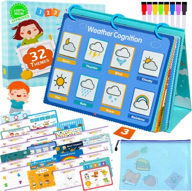 ECOFANTASY Montessori Toddler Busy Book - New 32 Themes Montessori Toys & Dry Erase Board for Toddlers - My Preschool Kindergarten Learning
