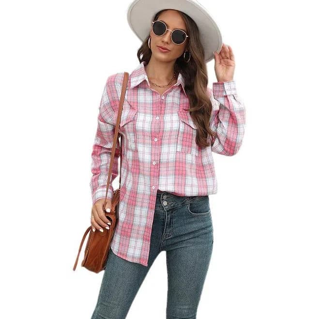 Plaid Shirt for Women Oversized Long Sleeve Button Down Top, Women's, Size: Large, Pink