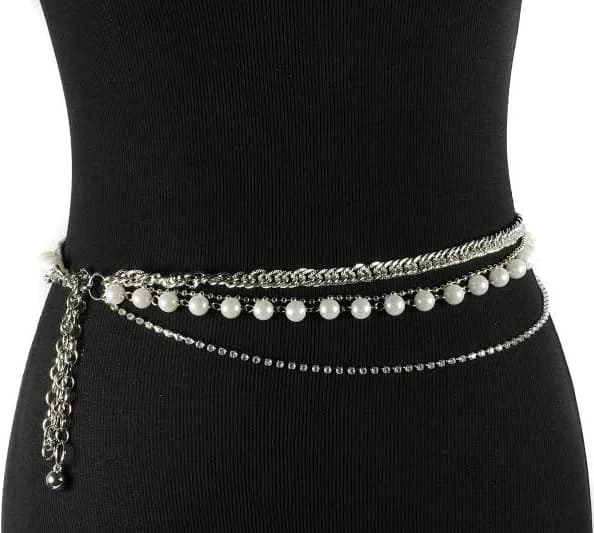 4 Strands Rhinestone Silver Chain Belt