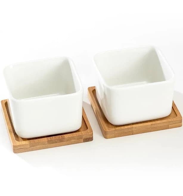 K-cliffs Set of 2 White Square Ceramic Succulent Pots with Bamboo Trays