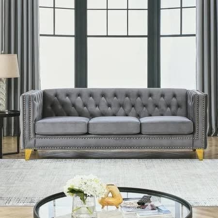Chesterfield Velvet 3-Seater Tufted Couch with Nailhead Trim and Metal Legs