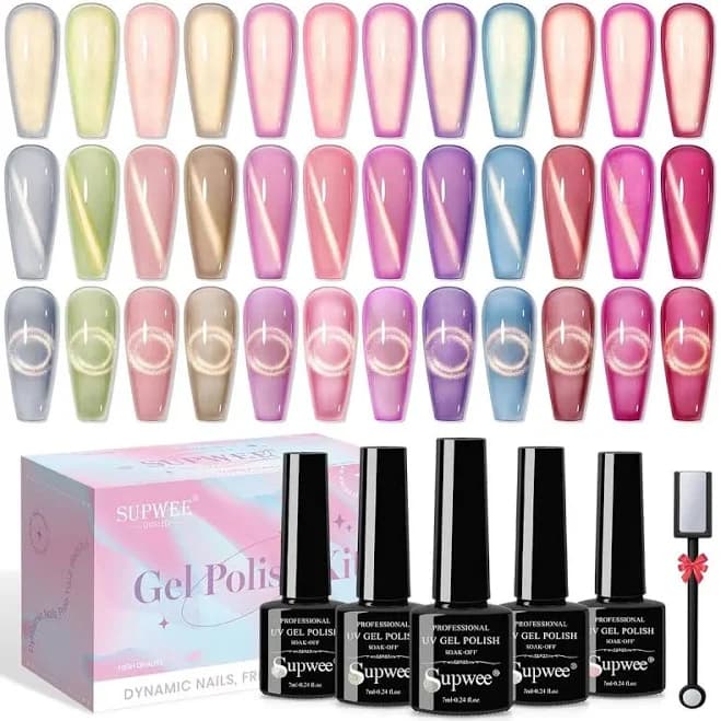 Cat Eye Gel Nail Polish Set, 12 Colors Magnetic Cateye Gel Polish with Magnet Holographic Gold Glitter Pink Purple Blue Summer Color Cat Eye Effect