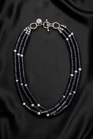 Modern Triple Strand Black Tuxedo Cylinder Necklace