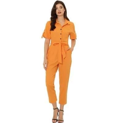 Inspire Chic Women's Short Sleeve Collared Button Down Tie Waist Cargo Jumpsuit