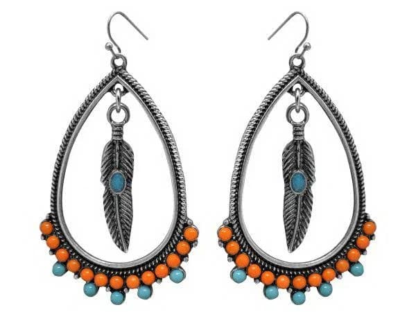 Beaded Teardrop Feather Dangle Earrings