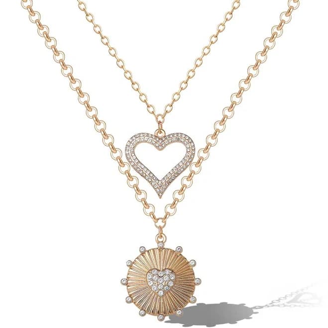 Layered Heart & Sunburst Pendant Necklace Set