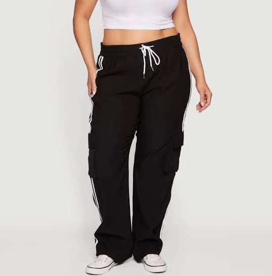 Womens Plus Size Varsity Stripe High Waisted Cargo Pants, Black, Size 3X - Rainbow Shops