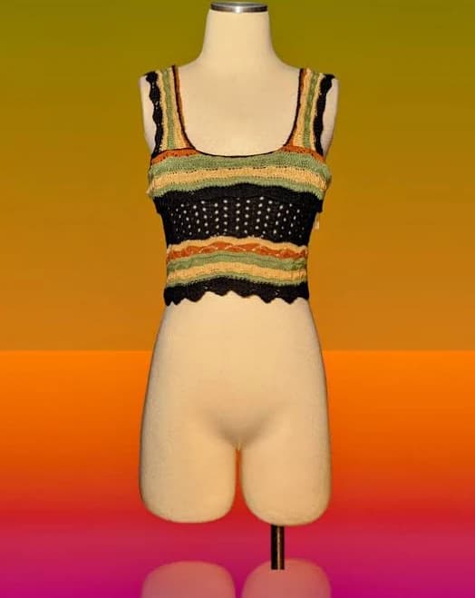 Italian Made Crochet Knit Crop Top Green Black Orange Beige Pullover