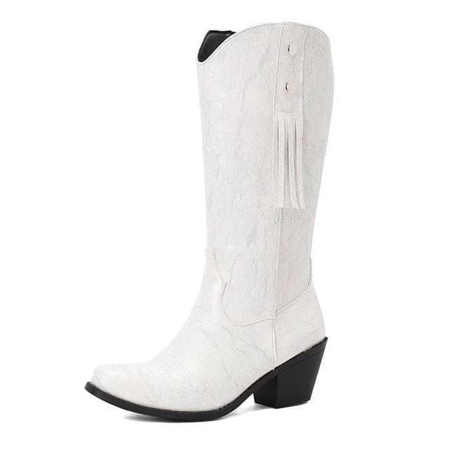 Megan Pointed Toe Fringe Block Heel Knee High Boots