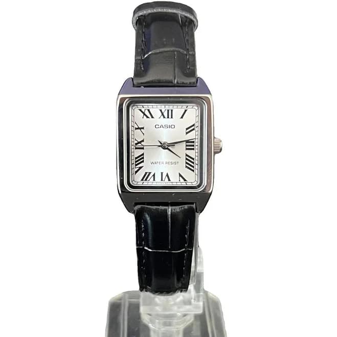 Casio Rectangular Black Leather Strap Watch Silver-Tone Case