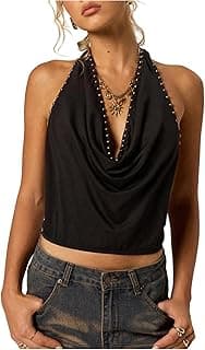 Women's Metal Draped Halter Top Studded Punk Y2K Sleeveless Crop Tank Tops Summer