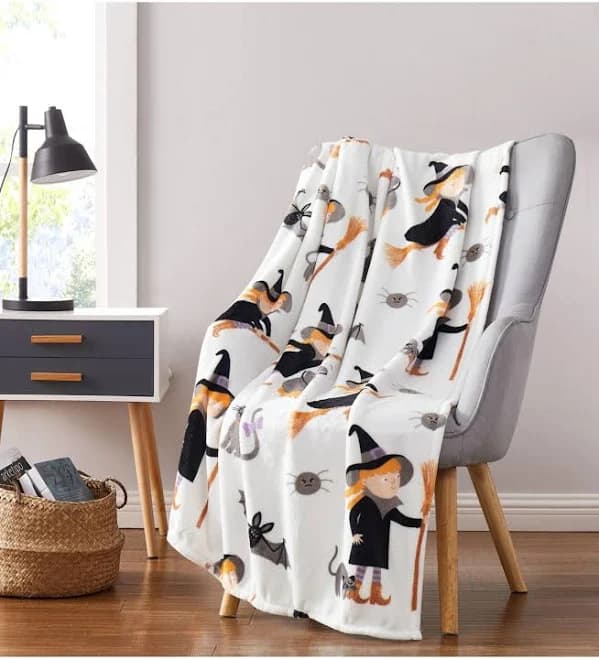Kate Aurora Ultra Soft & Plush Halloween Friendly Witches & Bats Accent Throw Blanket
