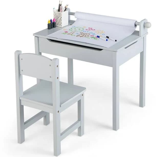 Toddler Craft Table & Chair Set Kids Art Crafts Table with Paper Roll Holder - Grey