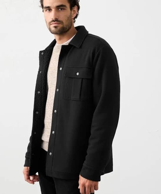 Men's Sherpa Lined Shirt Jacket Black Regular Size XS