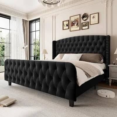 51" Tall King Size Velvet Upholstered Platform Bed Frame with Button Tufted Wingback Headboard & Footboard
